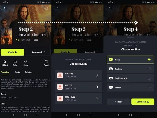 OnStream APK download flow choosing quality and subtitles for John Wick Chapter 4
