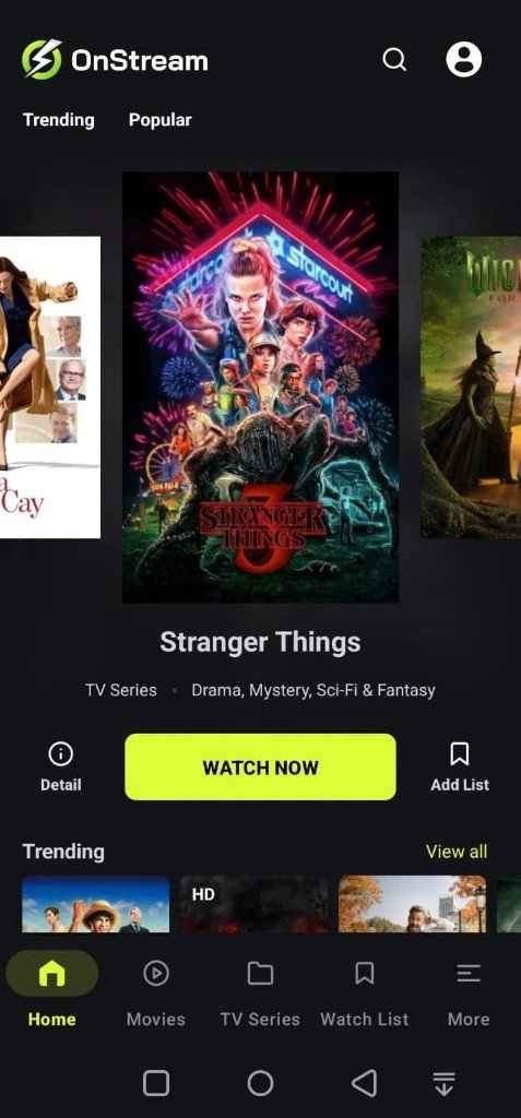 OnStream APK home screen with Stranger Things and Watch Now button