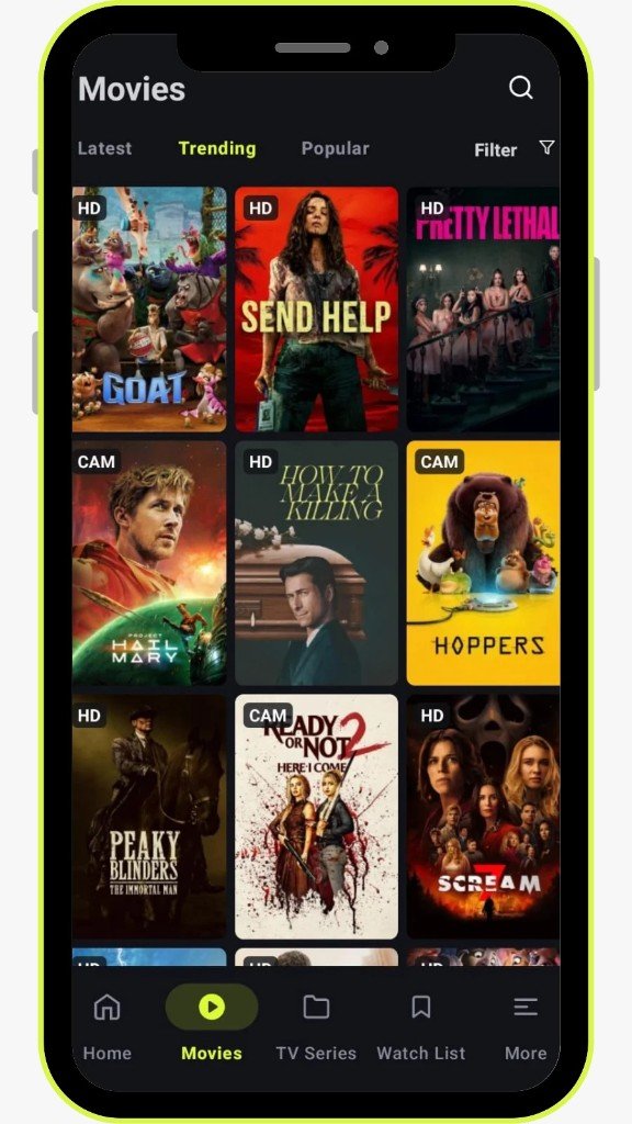 OnStream APK movies grid with HD badges and lime green navigation