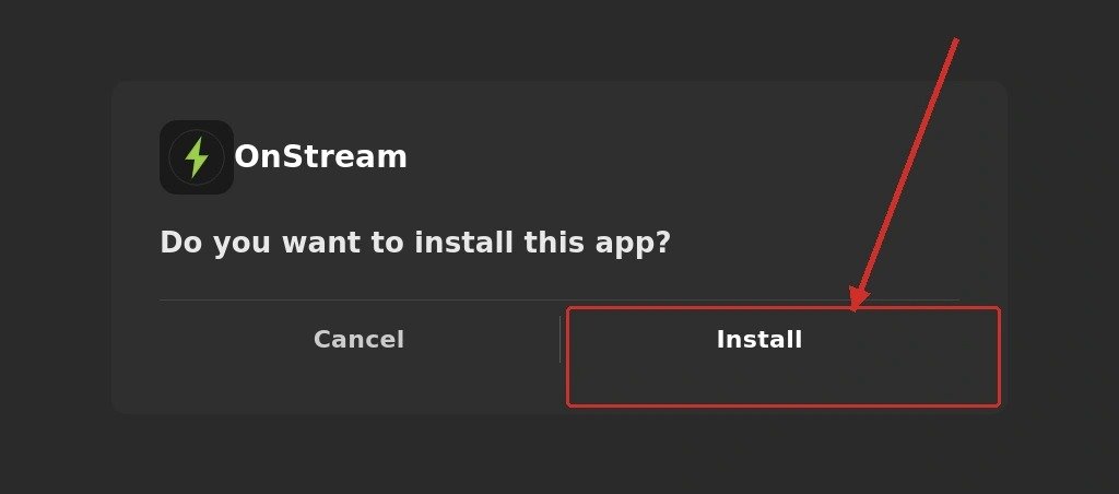 Android install prompt asking to install OnStream APK with Install highlighted