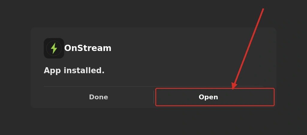 OnStream APK installed successfully with Open button highlighted