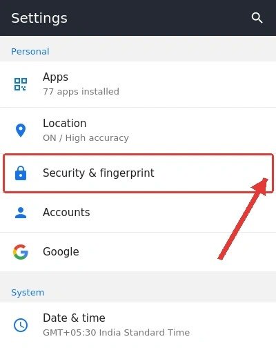Android Settings with Security and fingerprint highlighted for OnStream APK install