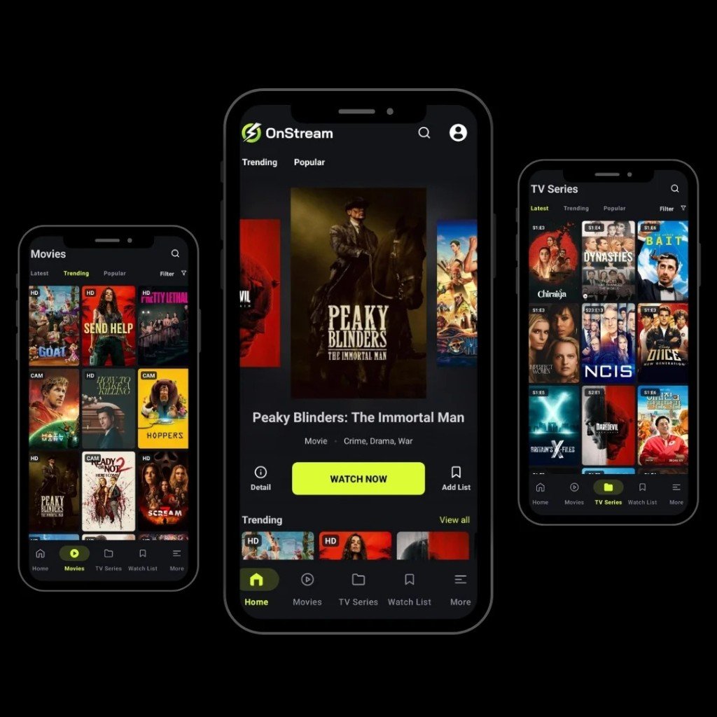 OnStream APK Android screenshots showing Movies, Home, and TV Series on three phones