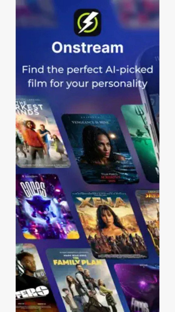 OnStream APK promo with AI-picked film posters floating around the app icon