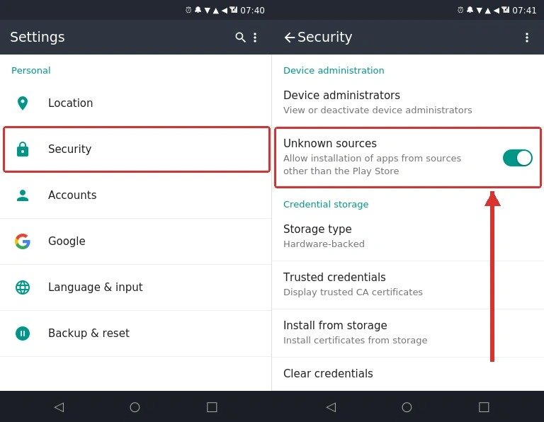 Unknown sources toggle turned on so OnStream APK can install from outside Play Store